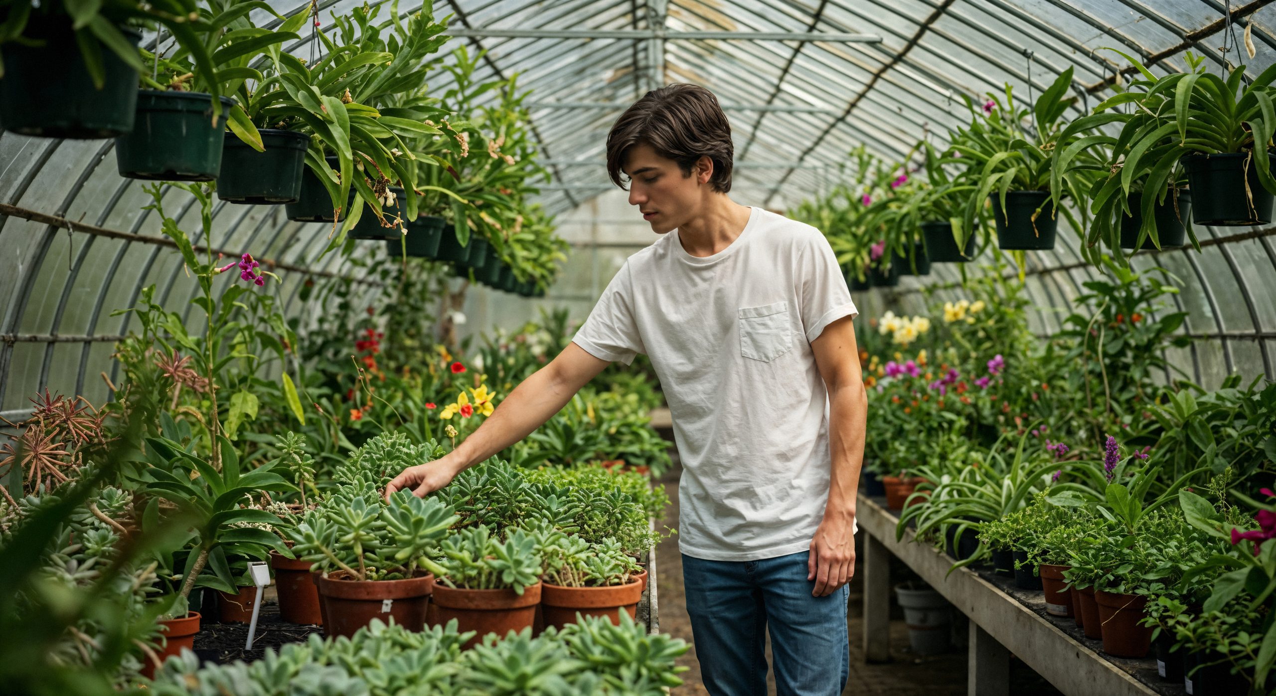 man examining plants sunlit greenhouse